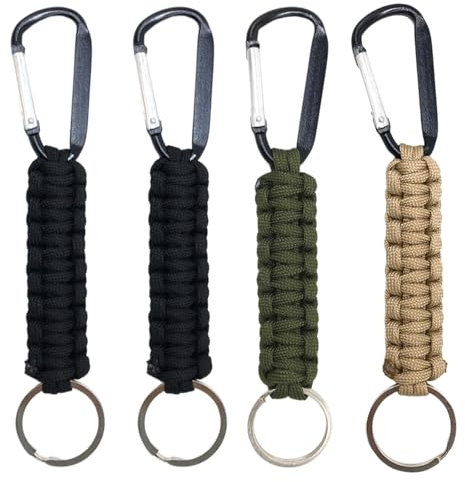 Paracord Keychain 4pcs Lanyard for Keys,7-Pole 4 Mm Carabiner Keychain,Keychain Carabiner Clips,Suitable for Men and Women Outdoor,Hiking,Camping(Black *2 Military Green *1 Khaki *1)