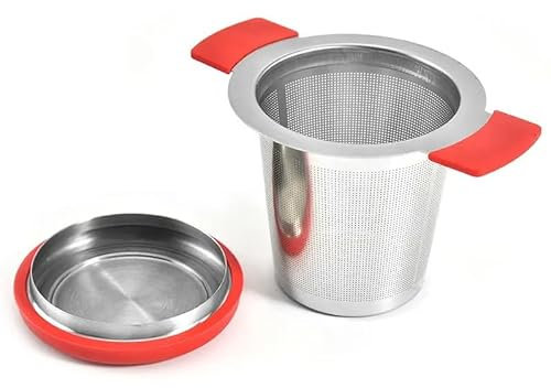 VIER Infuseur à thé en acier inoxydable 18/10 (304), double poignée, thé en vrac et épices, passoire en maille extra fine, idéale pour le thé noir, Rooibos et plus. Couvercle et poignées en silicone.