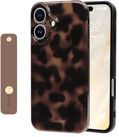 NITITOP Compatible with iPhone 16 Case Cute Leopard Print Brown Amber Tortoise Design for Women Girls Men with Wrist Adjustable Hand Strap Kickstand Aesthetic Protective Cover - Brown