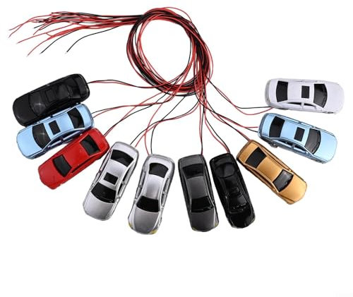 MeevrgR 10 Stück HO/TT Scale beleuchtete Modellautos, Maßstab 1:87-1:100, ausgestattet mit Drähten und Leuchtmitteln, zufällige Farben und Stile, 6 V Spannung, einfache Installation, 45 x 16 x 11 mm