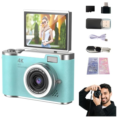 4K Foldable Screen Student Camera, Point and Shoot Digital Cameras with 32GB TF Card, Portable Camera FHD 48MP 4K Digital Camera with 8X Zoom Anti-Shake with Flip Screen (Green, Camera Kit)