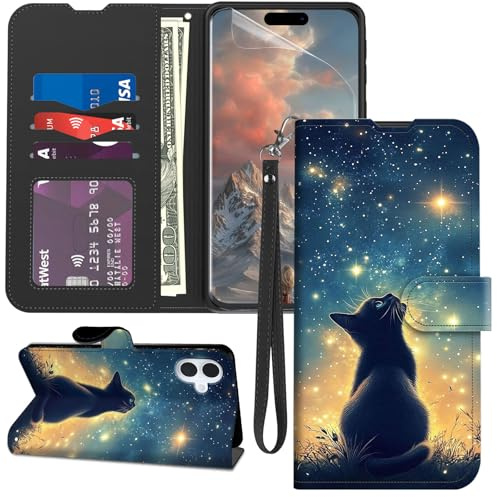 GYSYZJDH for iPhone 16 Case Wallet with Screen Protector, Stand PU Leather Flip Folio Cover with Card Holder, Full-Body Protection Phone Case for iPhone 16, Black Cat