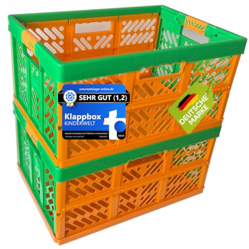 KiNDERWELT 2 x Robuste Profi - Klappbox 45 L bis 50 kg - Faltbox, Kiste, Korb zur Aufbewahrung, Transport - orange