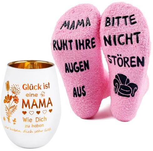 Belillpipi Geschenkset für Mama – Windlicht mit Spruch „Glück ist eine Mama wie Dich zu haben“ & Kuschelsocken „Bitte Nicht stören“, Muttertag Geburtstag Weihnachten