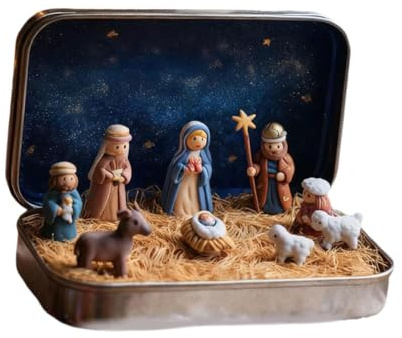 MotiveTech Mini Weihnachtskrippe mit Darstellung Der Geburt Jesu, Figuren Der Heiligen Familie, Mini Krippenszene, für Die Regaldekoration