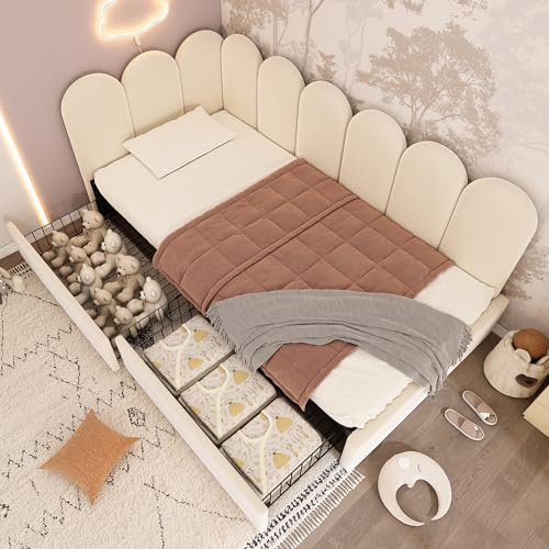 Miyemo Day Bed, 3ft Upholstered Single Bed Frame with Storage Drawers, Velvet Sofa Bed for Adults & Children, 90x190cm, Beige, (No Mattress)