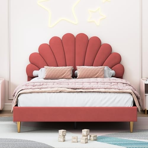 AZJSAHAH Kinderbett Polsterbett 140x200cm, Kinderbett Mädchen Doppelbett mit Kopfteil Bettgestell mit Lattenrost Jugendbetten mit Kopfteil Polsterbett für Kinder,ohne Matratze (Rot, 140x200cm)