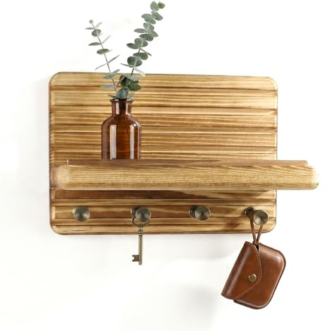 Schlüsselbrett Holz,Schlüsselhalter Wandmontage,Schlüsselboard aus Kiefernholz,Schlüsselhaken mit 4 Haken key holder für Eingang,Flur,Schlafzimmer,Wohnzimmer (Feuergebrannte)
