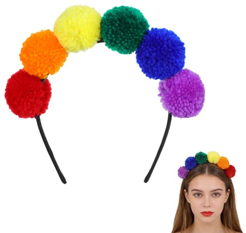 Regenbogen Pompoms Haarreif,Bunt Haarschmuck Karneval,Regenbogen Pompon-Tiara,Pom Pom Haarreifen,Kopfschmuck zu Karneval, Fasching & Party