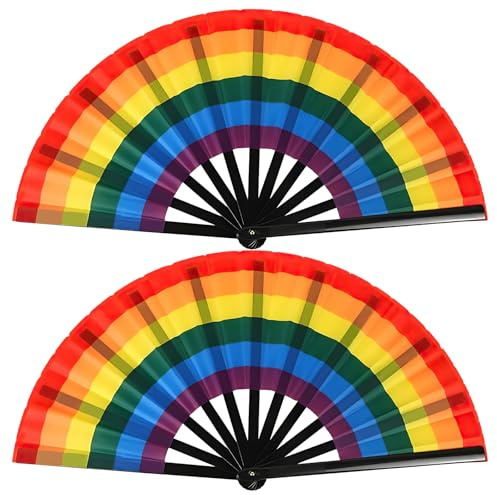 JUROFN 2 Pcs Rainbow Folding Rave Fans, Handheld Pride Plastic Fan, Lgbtq Rainbow Fan, Gay Pride Accessories for Gay Lesbian Pride Parade Party Performance Decoration Stuff Supplies Accessories