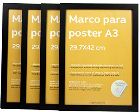 Nacnic Ensemble de 4 cadre robuste classique pour protéger et afficher des photos, diplômes, panneaux d'affichage, des affiches, des photos, Noir, format A3