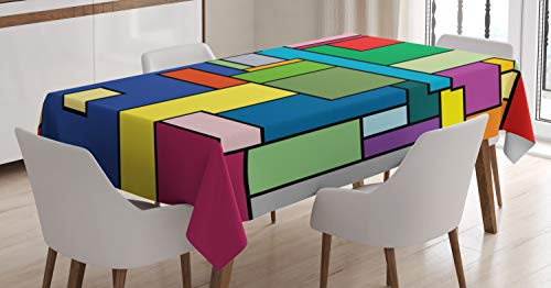 ABAKUHAUS Kunst Tischdecke, Vivid Mondrian Squares, Schmutzabweisend Pflegeleicht Waschbar Druck Mit Klaren Farben ohne Verblassen, 140 x 170 cm, Gelb Grün Blau