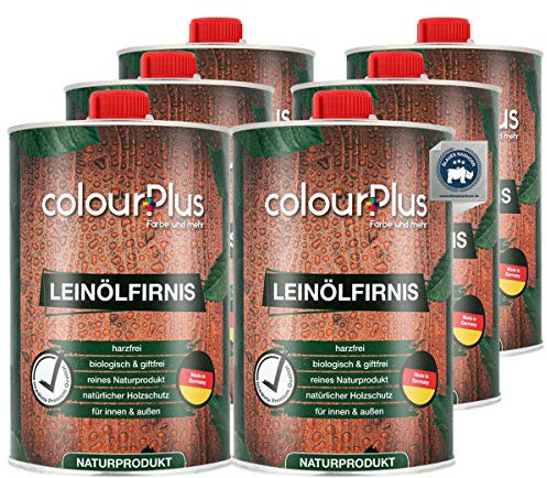 colourPlus®️ biologisches Leinölfirnis (6x1L, seidenglänzend) schützendes Holz ÖL für Innen und Außen - pflegendes Holzöl aussen - Made in Germany