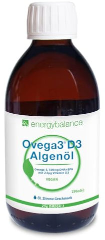 EnergyBalance Ovega3 D3 Algenöl DHA+EPA - Drink mit Omega3, Vitamin D3, Bio Zitrone Geschmack - ideal für Kinder - Vegan, Glutenfrei, ohne Gelatine - 250 ml