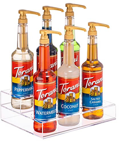 Acrylic Bottle Holder Wine Display Riser | 6 Bottles, 2 Tier Rack | Bar Counter-Top Display Stand | Wine Rack Holder for Kitchen, Pantry, Fridge | Storage Organizer for Wine, Soda, Syrups and Beer