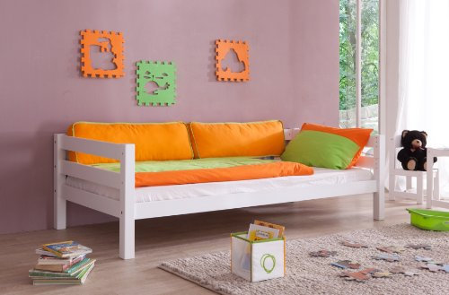 Hochbett Kim aus Massivholz weiß,inkl.Stoffset grün/orange