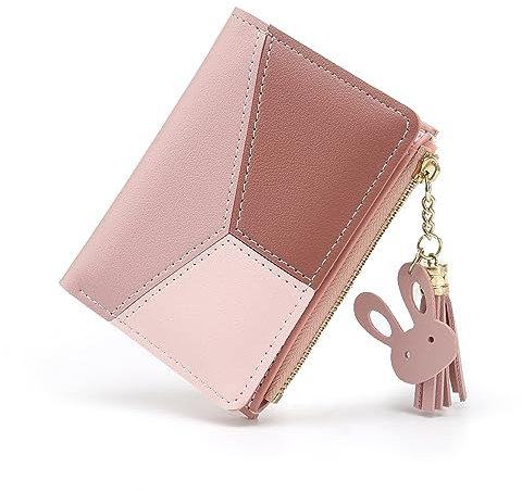 Small Wallets for Women,CHAOFANXI Tassels PU Leather Coins Zipper Pocket Purse for Girls with Rabbit-Shaped Metal Tassels Pendant Purse (Pink)