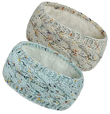 2PCS Fleece Lined Ear Warmers for Women Headbands Winter Warm Knitted Thick Hairband Thermal Headbands Elastic Hair Wraps (A-blue + A-beige)