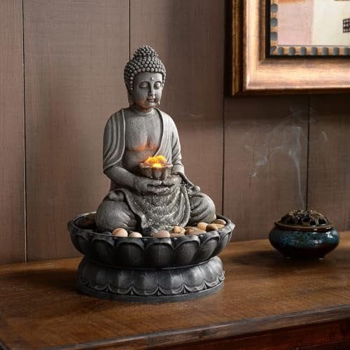 GOSSI 11.2 in Tall Indoor Decor Tabletop Buddha Fountain w/Reflective Lighting/Cobblestone Office and Home Decor