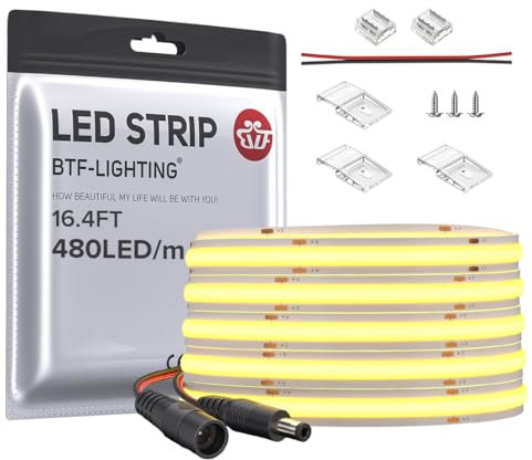 BTF-LIGHTING FCOB Flexibel Hohe Dichte LED Streifen 5M 480LEDs Naturweiß 9W/M 24V Dimmbar Verformbar FOB COB LED Licht Band für Schlafzimmer Küche Raum Innendekoration(Nur Streifen)