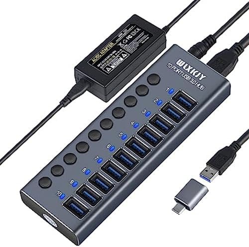 Hub USB Activo 3.0 con Fuente de alimentación de 60 W (12 V/5 A), 10 Puertos USB 3.0 Hub de Aluminio para Carga y Transferencia de Datos