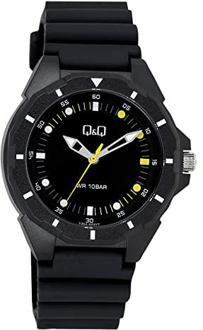 Q&Q Herren-Uhr Silikon Dornschließe 10 Bar schwarz Analog Quarz (schwarz gelb)