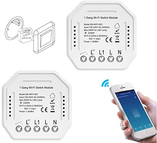 Confezione da 2 Pezzi WiFi Wireless Smart Switch Modulo Pulsante Relè Intelligente Wi-Fi Da Incasso Scatola Elettrica 503 Compatibile Con Alexa, Google Home, iOS, Android, Controllo Vocale Remoto