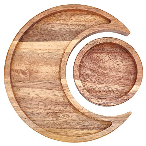 INFUNLY Crystal Holder Moon Tray Wooden Crystal Holder Round Crystal Organizer Tray Acacia Wood Trinket Dish for Rocks Jewelry Healing Crystals Storage