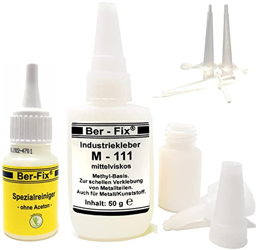 Ber-Fix M111 50g Industriekleber Set Profi Sekundenkleber mit Feinspitze & Spezialreiniger, Präzise Dosierung, Ideal für Gummi und Metall