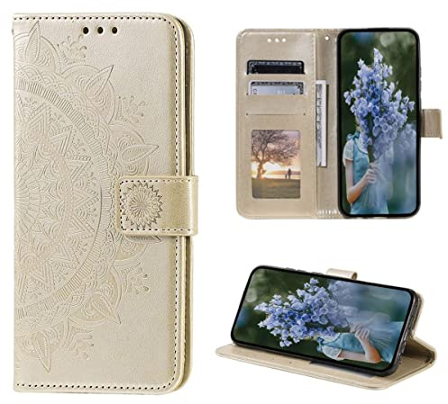 CoverKingz Handy Case kompatibel mit iPhone 14 Plus - Handy Cover mit Kartenfach Phonecase - Smartphone Hülle klappbar Motiv Mandala Gold