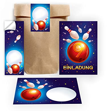 Junapack 12 Einladungskarten zum 9. Kindergeburtstag Bowling Kegeln neunte Geburtstag Mädchen Jungen incl. 12 Umschläge, 12 Tüten/natur, 12 Aufkleber