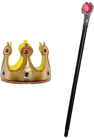 jerbro 2pcs Krone König Königin Kostüm + Königs-Zepter für Damen Herren Halloween Erwachsene Mottoparty Theater Fasching Cosplay Karneval Verkleiden (Rot)