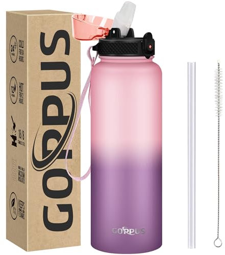 GOPPUS 1.2L/40oz Stainless Water Bottle with Straw Double Wall Insulated Bottles with Strap Large Vacuum Thermal Flask Leakproof Keep Cold Drinks Bottles with Flip Top Lid for Men Women BPA Free