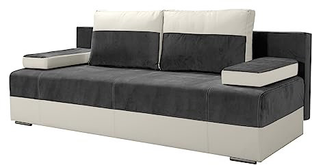 BROMARKT Schlafsofa Giza - Sofa mit Schlaffunktion und Bettkasten, Bettsofa, Couchgarnitur, Couch, Sofagarnitur, Bett (h86 x t99 x b200 cm, Jasmine 96 Dunkelgrau + Madrit 920 Weiß)