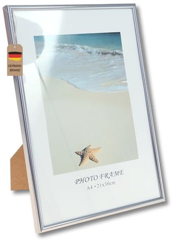 Flanacom Hochwertiger Bilderrahmen A4 Silber aus Aluminium Fotorahmen zum Hängen oder Stehen (Einzeln)