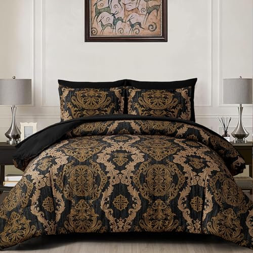 WONGS Bedding Schwarzes Bettdecken-Set für Queen-Size-Betten, Goldfarbene Damast-Textur, 7-teilig, Mikrofaser-Bettwäsche-Sets – 1 Steppdecke, 1 Bettlaken, 1 Spannbetttuch, 2 Kissenbezüge, 2