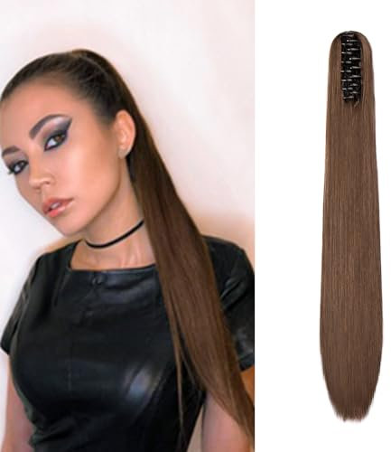 Dcbaboo Pferdeschwanz Haarteil Zopf Extension mit Klammer Glatt Lang Ponytail Extensions Haarverlängerung Clip Synthetik Gerade Pferdeschwanz Haarextension Zopf, 55cm Dunkelbraun & Hellbraun