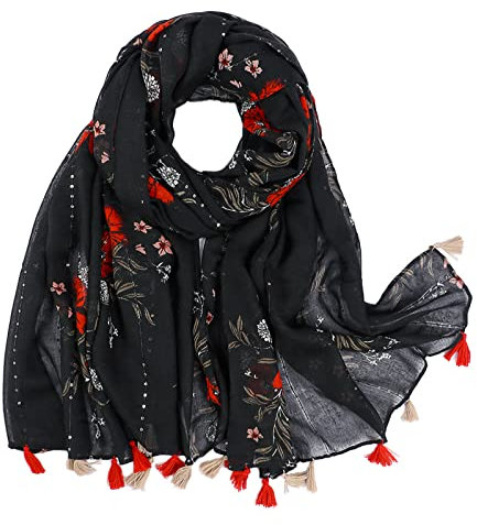KAVINGKALY Boho Schal für Damen Schwarzer Schal für Frauen Frühling Blume Gedruckt Baumwolle Hals Wrap mit Pailletten Quaste Schals
