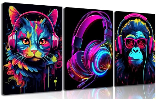 WSTUKVV Coole Gaming-Leinwandkunst, Retro-Videospiel, Aquarell-Poster, Bilder, buntes Neon-Gamepad, Maldrucke für Jungenzimmer, Kinderzimmer, Spielzimmer, Zubehör, Schlafzimmer, Heimdekoration,