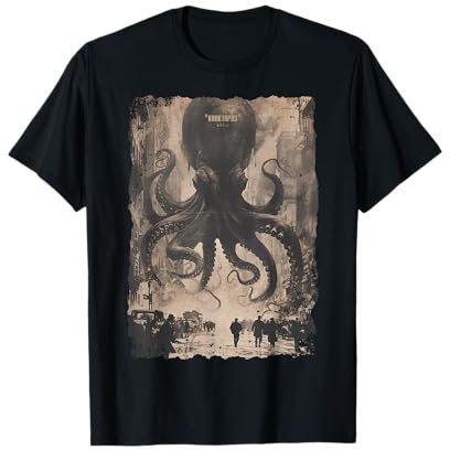 RTUZ Vintage Oktopus Kraken Monster Horror T-Shirt Schwarz Unisex Erwachsene Kinder Kurzarm Klein