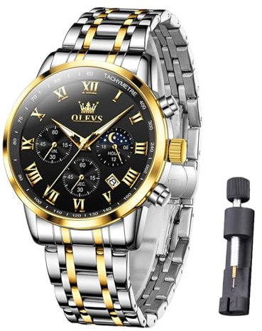 Raitown Uhr Herren Edelstahl Chronograph Mondphase Wasserdicht Analog Quarz Armbanduhren Stylisch Klassisch Armbanduhr für Männ Herr Uhr Schwarz Gold