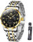 Raitown Uhr Herren Edelstahl Chronograph Mondphase Wasserdicht Analog Quarz Armbanduhren Stylisch Klassisch Armbanduhr für Männ Herr Uhr Schwarz Gold