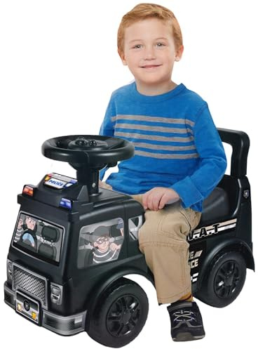 Ride On Police Car for Toddlers – Push Along Foot to Floor Sit and Scoot Patrol Truck – Indoor Outdoor Kids Ride-On with Steering Wheel Horn & Music – Sturdy Plastic Rescue Vehicle Toy