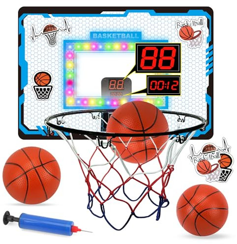 Mini Basketballkorb Set für Kinder, Indoor Basketball Set mit 3 Ball/LED-Licht/Scoreboard/Challenge-Modus/Pumpe, Sport Spielzeug für Büro Zuhause Outdoor Basketballbrett Wandmontage (Blau)