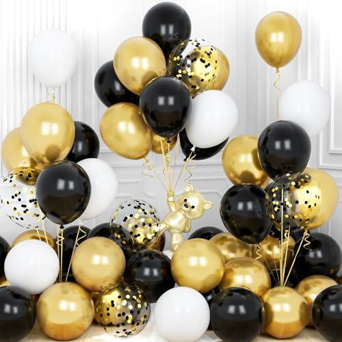 Ousuga Ballons Or Noir, 30 Pièces 12 Pouces Métallique Chrome Or Noir Confettis Latex Hélium Ballons Ruban pour Filles Garçons Enfant Fête Anniversaire Mariage Baptême Festival Baby Shower Décoration