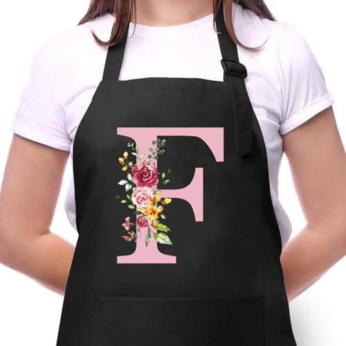 Personalisierte Initialen Schürzen Damen, Kochschürze Baumwolle Verstellbare Küchenschürze mit Taschen zum Kochen, Backen, Geschenk für Frauen Mama Oma Freundin zum Geburtstag Muttertag Weihnachten F