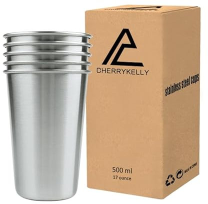 CherryKelly (5 Pack) Stainless Steel Cups, Metal Tumblers for Beer - Stackable Mugs, Lightweight for Outdoor, Camping, Picnics - Reusable Drinking Glasses (Kids & Adults) - 500ml/17oz