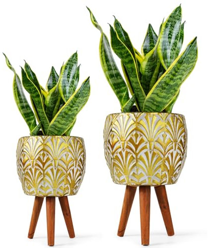 Harvest Land Plant Pots with Stands Metal Planter Handmade Flower Pots with Drainage Holes for Decorative Gardening,2pcs Set Flower Gold
