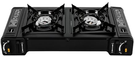 WJPUELUO Cocina de Gas 2 en 1 para Camping, Barbacoa de Gas con Quemadores Ajustables, Hornillo de Gas 2 Fuegos, SartéN de Hierro PortáTil para Camping, Senderismo, Cocina
