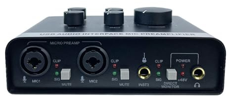 Interface Sonore Portable, 2 Entrées 2 Sorties, Préamplificateur Micro XLR 1/4, Professionnel, Surveillance en Temps Réel, Carte USB pour Enregistrement sur PC, Podcast, Streaming